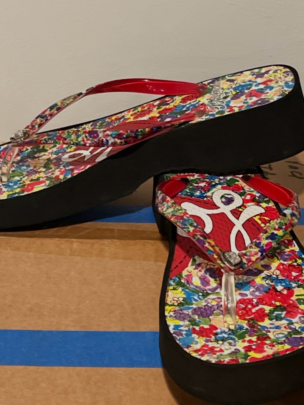 Brighton Red Floral Wedge Flip Sandals